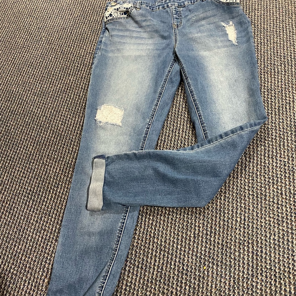 Justice lace embellished overalls. Size 18 MidRise Super Skinny. Distressed/lace - Picture 3 of 11